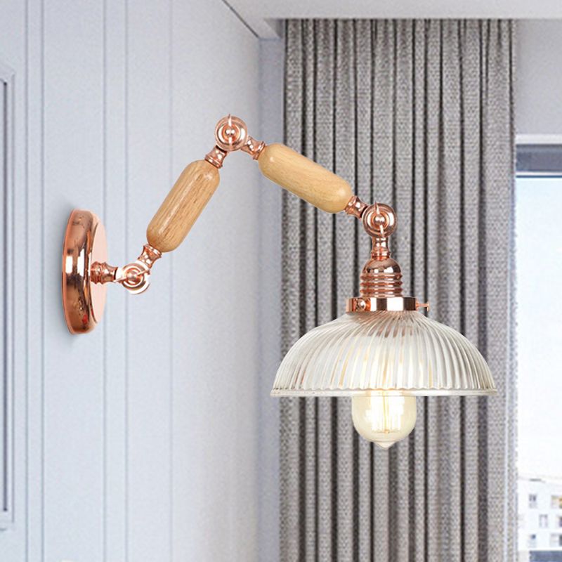 1 Light Prismatic Glass Wall Sconce Light Vintage Rose Gold Bowl Bedroom Lighting Fixture with Extendable Arm