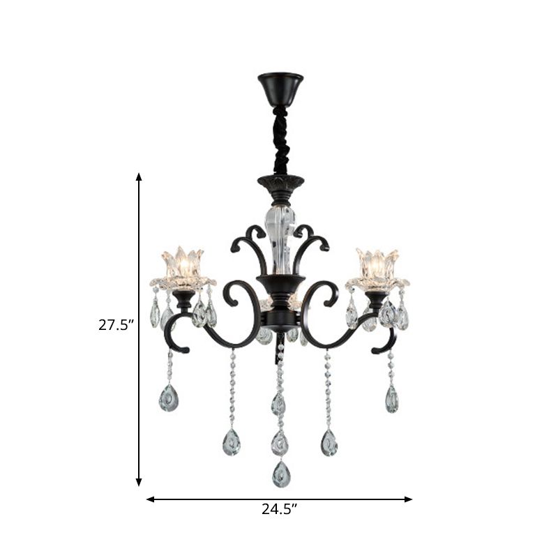 3/6 hoofden wervelde arm kroonluchter traditionele zwarte metalen hangende lamp met heldere kristallen tulpenschaduw