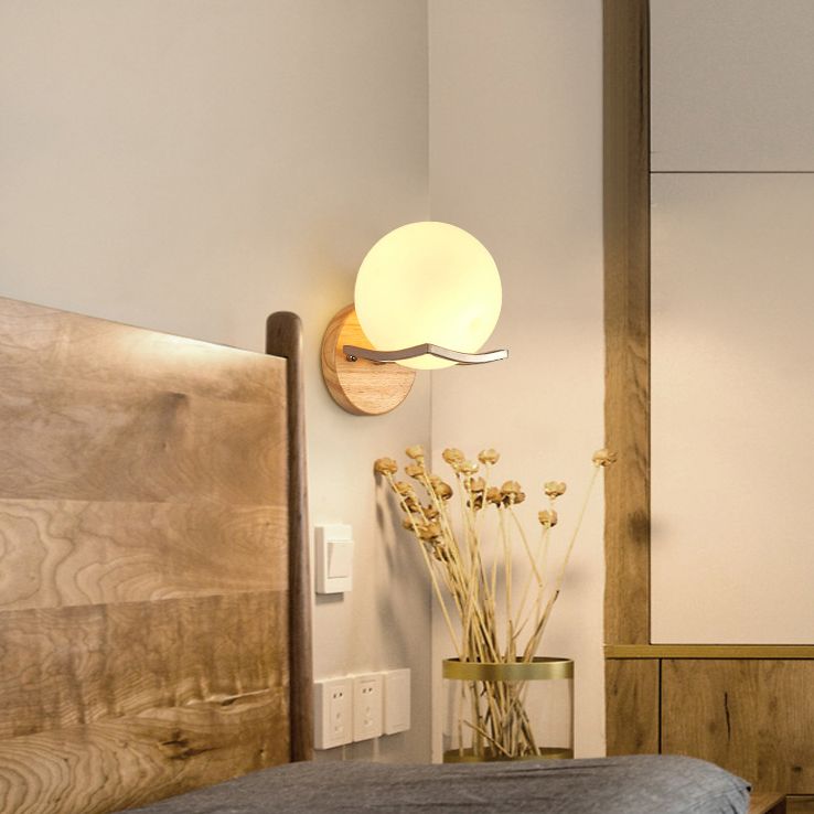Modern Simple Glass Wall Sconce Wooden 1-Light Wall Light for Bedroom and Aisle