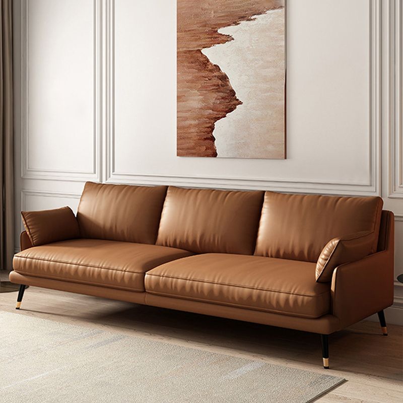 Brown Leather Settee Furniture Recessed Arm Sofa Set with Pillows