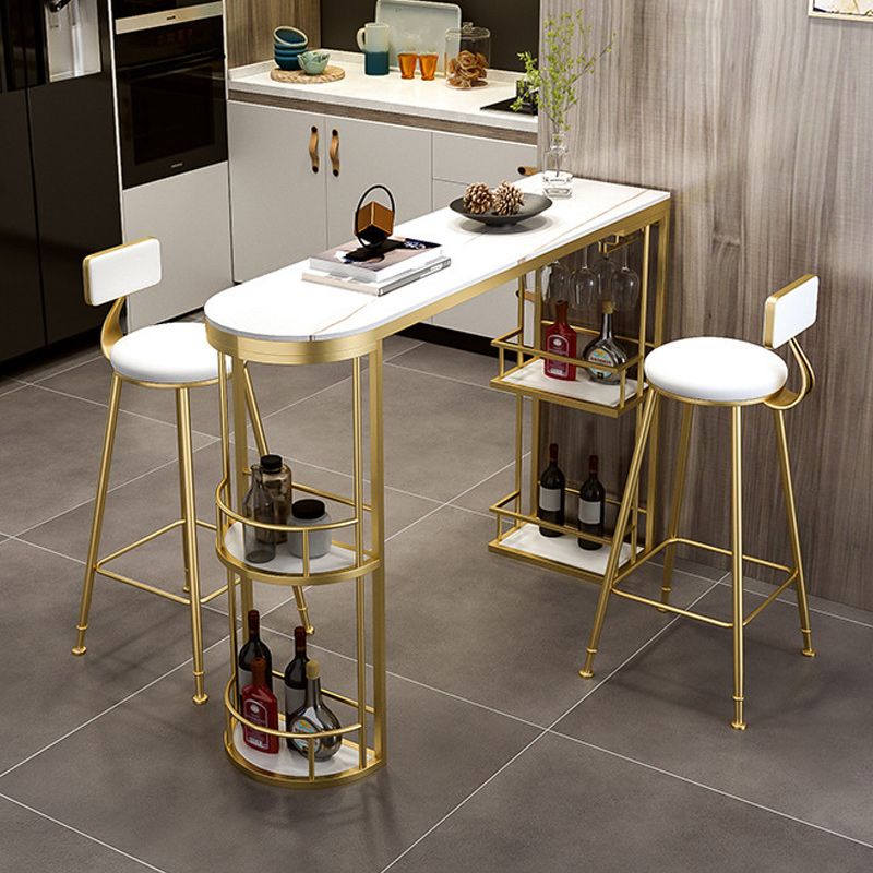 Glam Style 1/2/3 Pieces Bar Table Set Rectangle Stone Bar Table with Metal High Stools