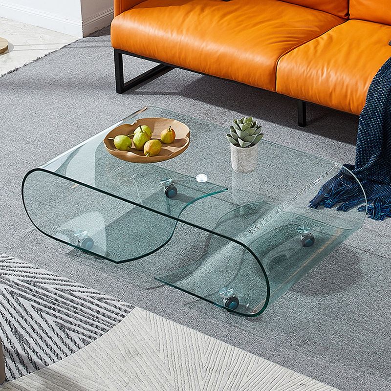 Geometric Glass Coffee Table with Casters Contemporary Shelf Included Cocktail Table