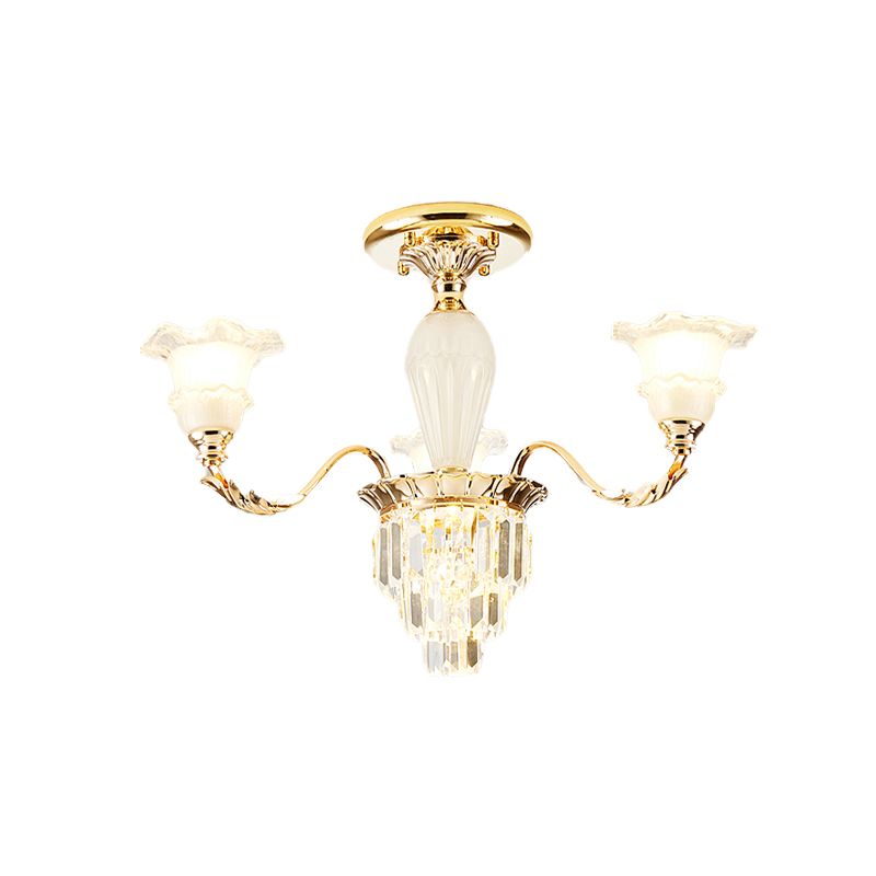 Bellflower Frosted Glass Semi-Flush Light Modern 3/6-Bulb Bedroom Ceiling Mount Chandelier with Crystal Bottom in Gold