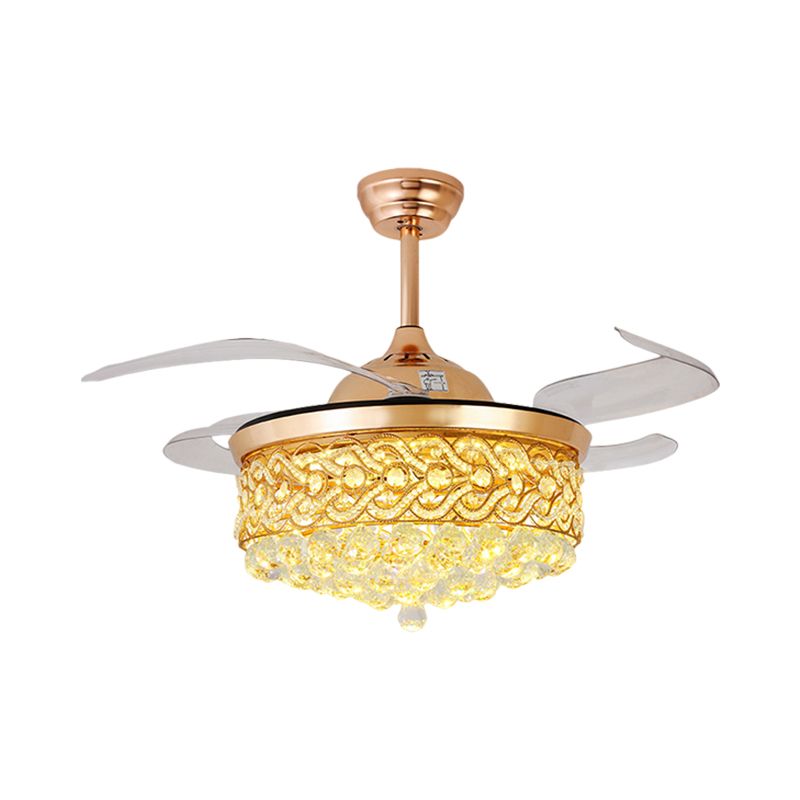 4-Blade-LED-Salon-Anhänger-Lüfterlampe moderne Gold/Silber-Halbblüte mit runden geschnittenem Kristallschatten, 19 "W.
