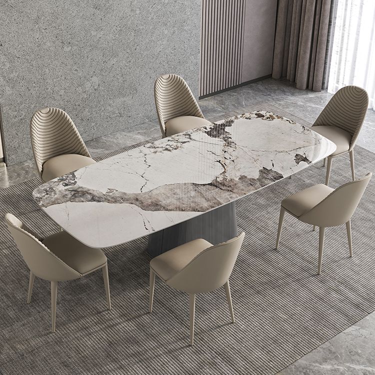 Mesa de comedor de piedra sinterizada mesa rectángulo en blanco con base de pedestal de metal
