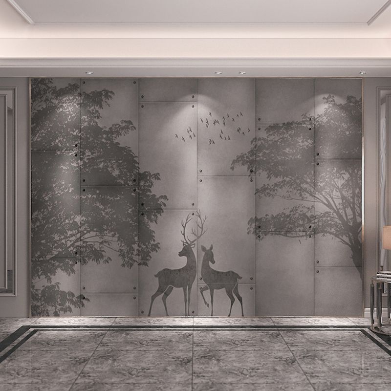 Traditional Deer and Forest Mural in Grey Non-Woven Fabric Wall Covering for Home Decor, Custom-Made