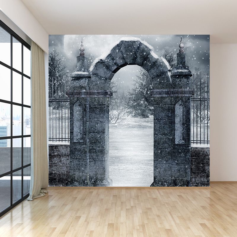 Modern Front Gate Wall Mural Non-Woven Stain Resistant Gray Wall Art for Living Room