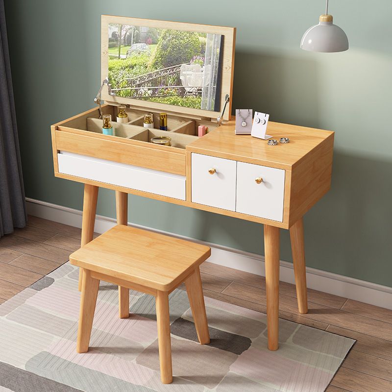 Flip Single Mirror Vanity Desk 3 Drawers Rubber Wood Dresser