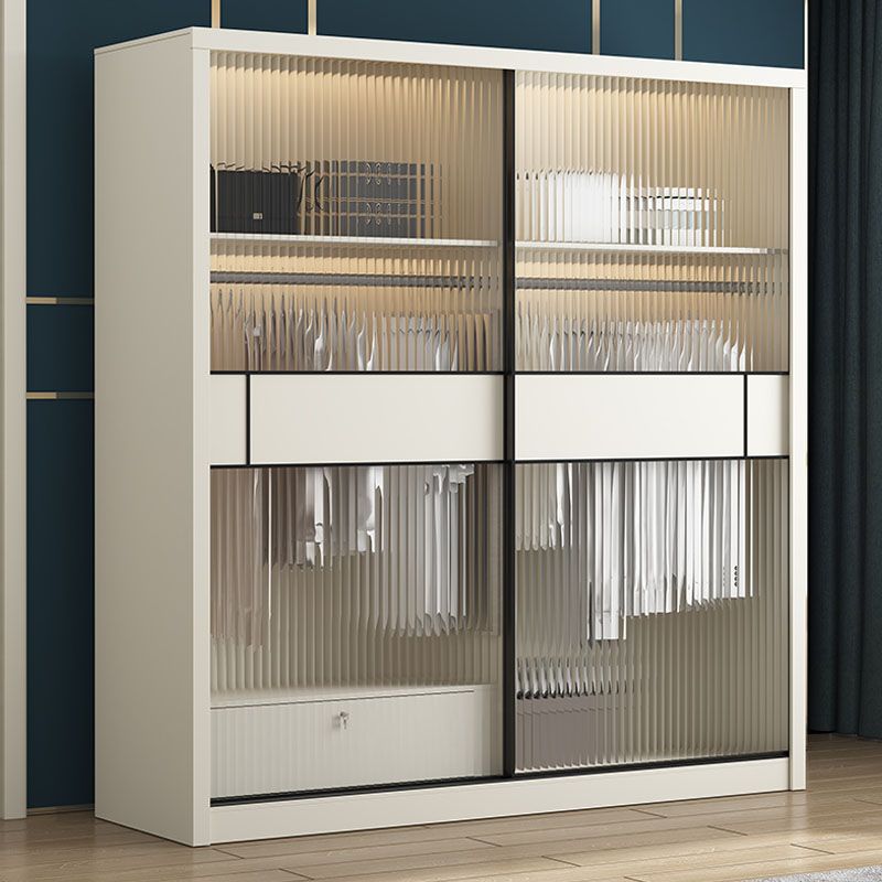 Modern White Wardrobe with Glass Doors Bedroom Cabinet with Sliding Doors