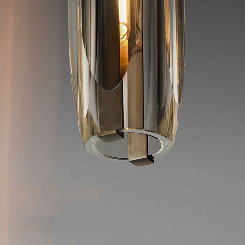 Brass Cylindrical Hanging Lamp in Modern Creative Style Copper Pendant Light with Crystal Shade