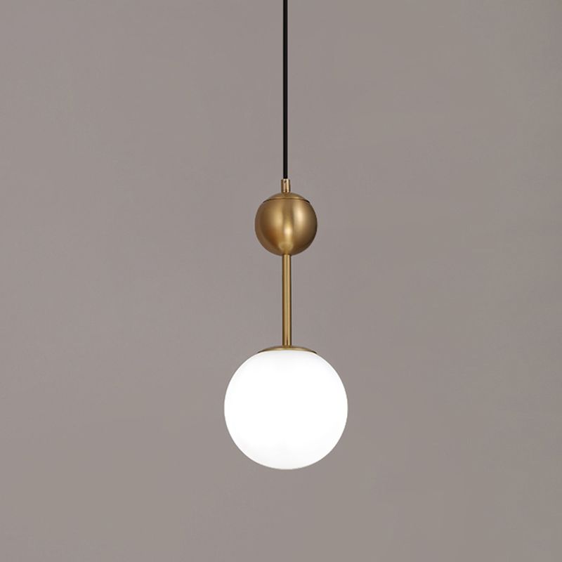 Ball Bedside Hanging Light Opaline Glass 1-Light Minimalist Suspension Pendant in Brass