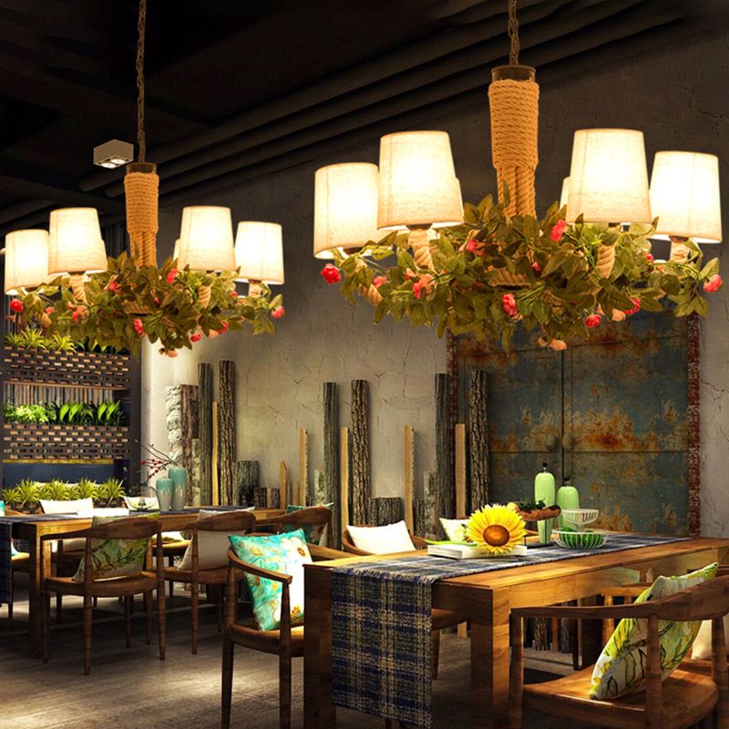 Conical Fabric Hanging Chandelier Rustic 6 Lights Dining Room Rope Ceiling Lamp in Beige