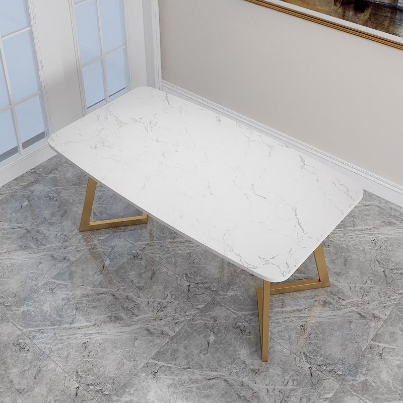 White Stone Top Dining Table Glam Style Gold Base Dining Table for Living Room