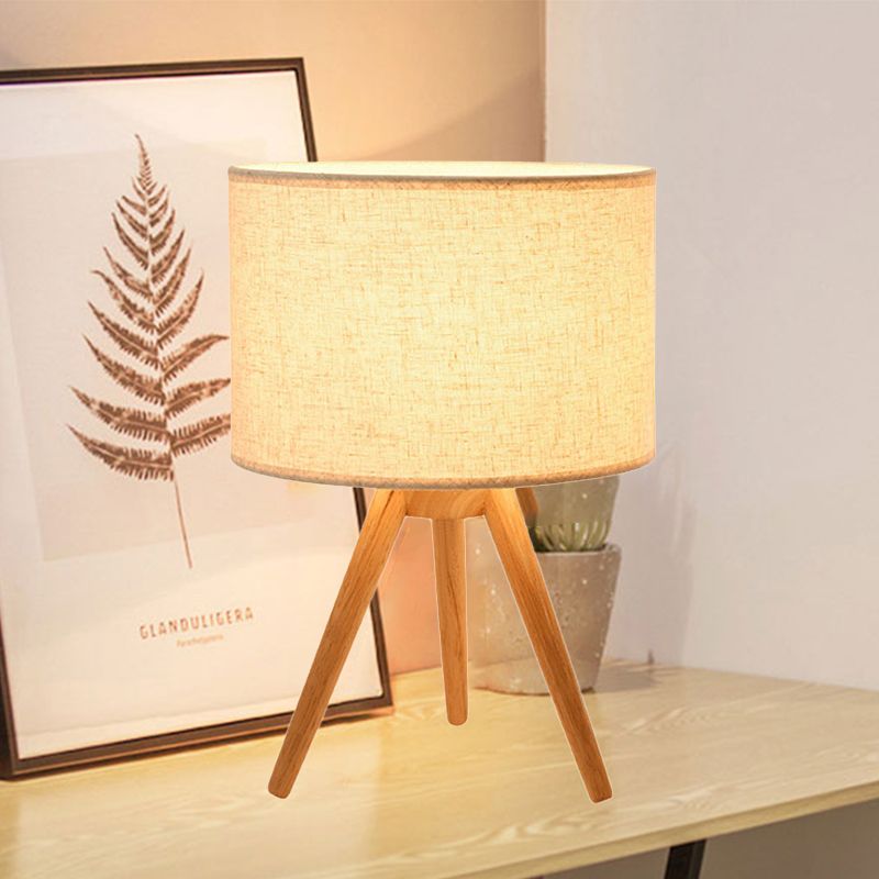 Lampe de lecture à LED en tissu d'éclairage de tâche de cylindre contemporain avec trépied en bois