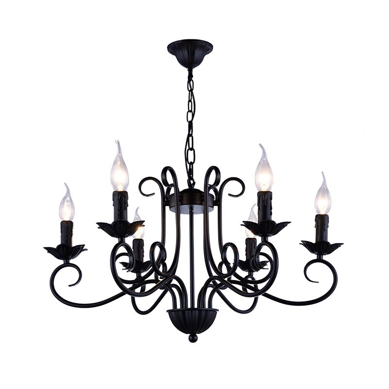 Chandelier de plafond de bougie traditionnelle 6 têtes Kit de lumière suspendue en métal en noir pour le salon