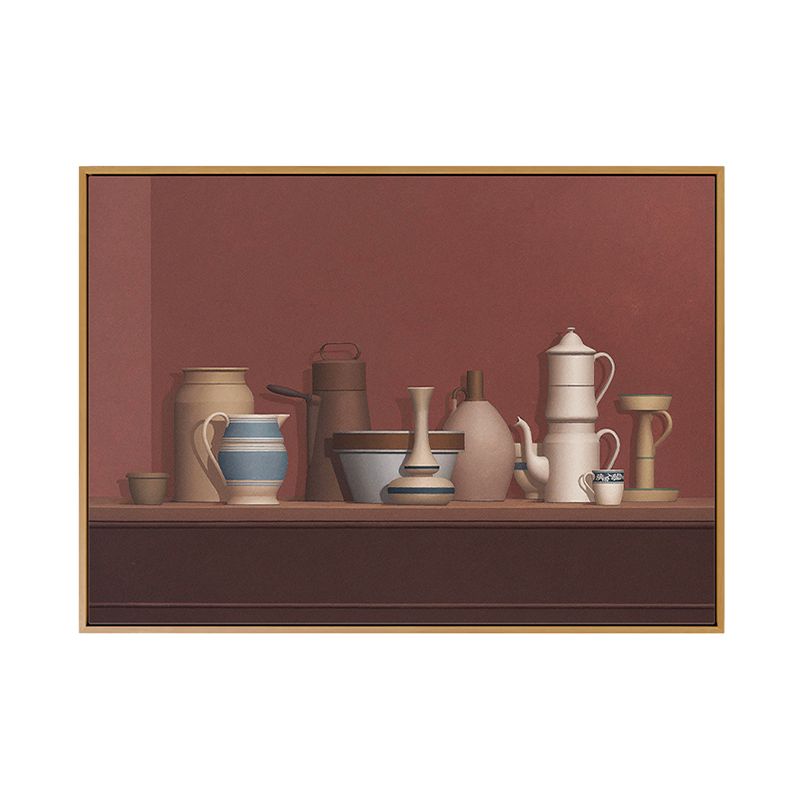 Dark Color Potteries Canvas Art Still Life Vintage Textured Painting for Dining Room