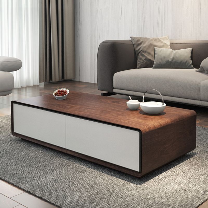 Wooden Block Cocktail Table with Drawers Rectangle Coffee Table in Natural