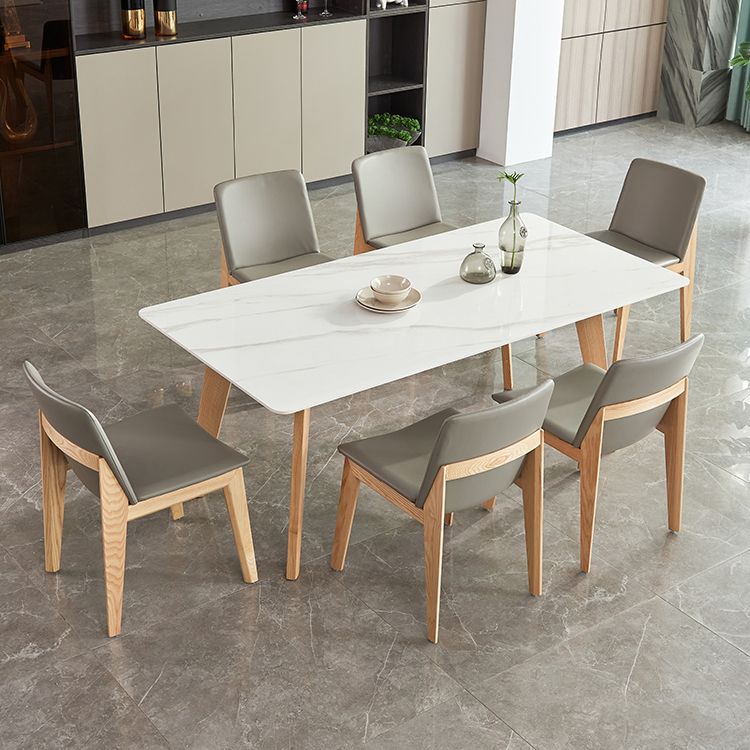 Rectangle Contemporary Dining Room Table White Sintered Stone Table with Ash Solid Wood Base