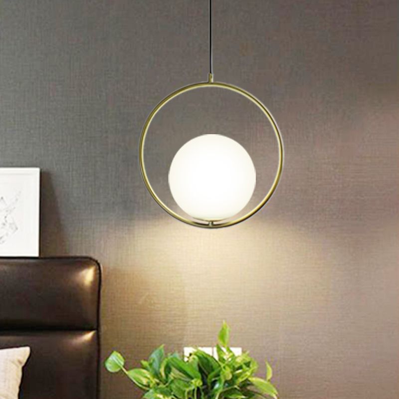 1 Kopfring -Anhänger Beleuchtung mit Globe Opalglas Schatten Retro Industrial Gold Suspension Light, 12 "/14" Breite