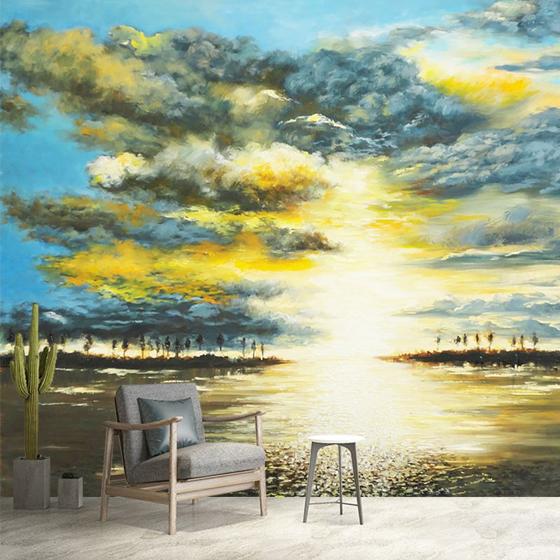 Sunrise Lake Scenic Wall Murals Classical Smooth Wall Covering in Yellow-Blue, Stain Proof
