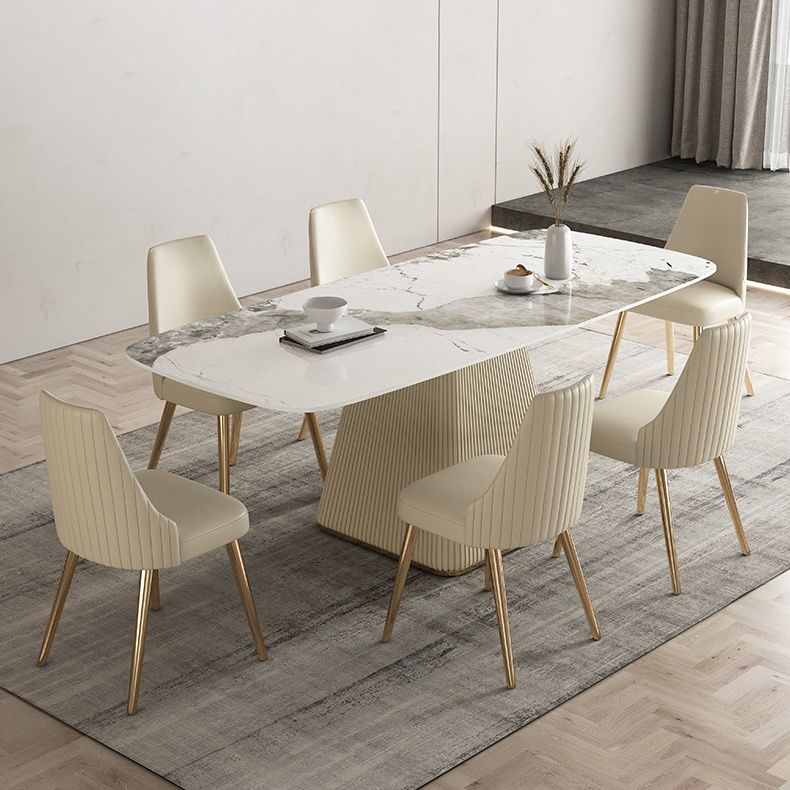 Mesa de comedor de lujo tradicional rectángulo Mesa de piedra sinterizada con base de pedestal blanco