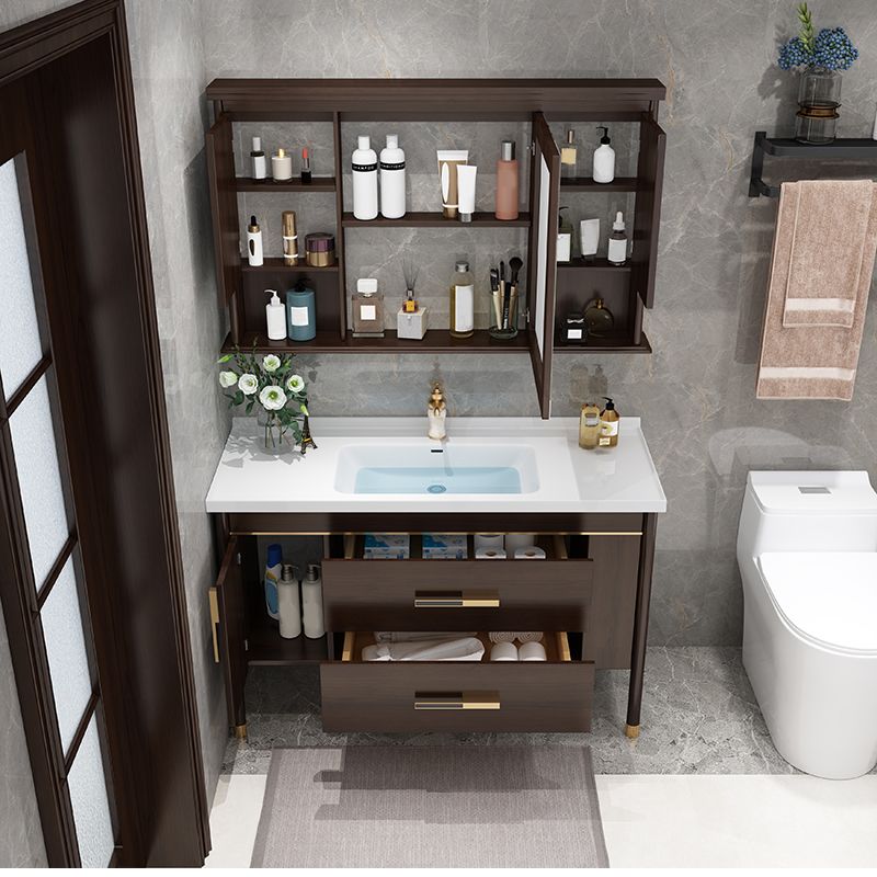 Wood Frame Bathroom Vanity Drawers Single Sink Rectangle Freestanding Vanity with Mirror