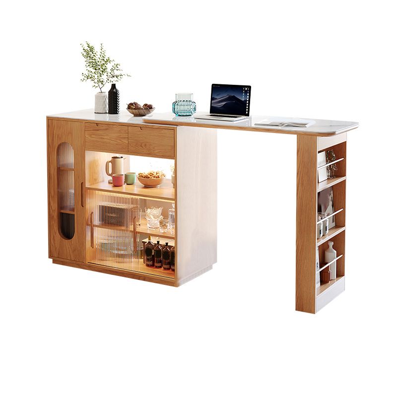 Stone Top Bar Table with Wooden Storage Rectangle Bistro Table for Small Places