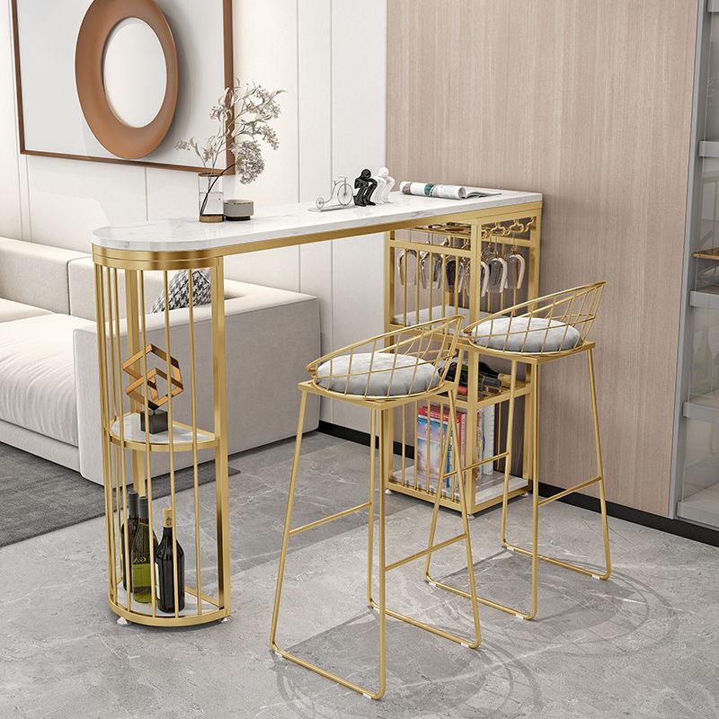 Glam White Marble Bar Dining Table Metal Double Pedestal Bistro Table with Shelve