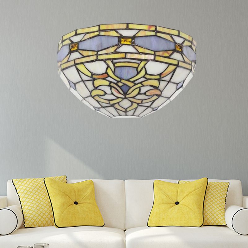 Baroque Bowl Wall Sconce Stained Glass 1 Head Wall Mount Light in Purple and Yellow for Staircase