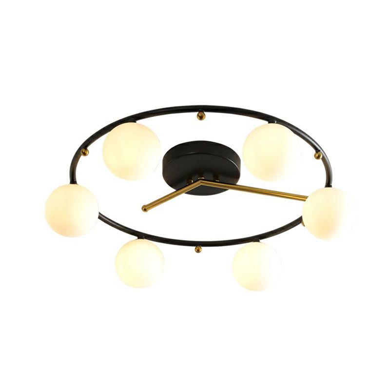 Schwarz-Messing-Uhr-Deckenlampe postmoderne kreative 6-Kopf-Kugelglas Halbflush-Leuchte