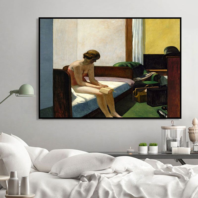 Edward Hotel Room Painting in Yellow-Brown Traditional Canvas Art for Girls Bedroom