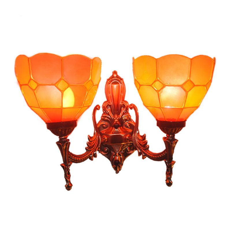 Stained Glass Domed Shade Wall Mounted Lighting Baroque 2 Lights Blue/Gold/Tan Sconce Light for Bedroom