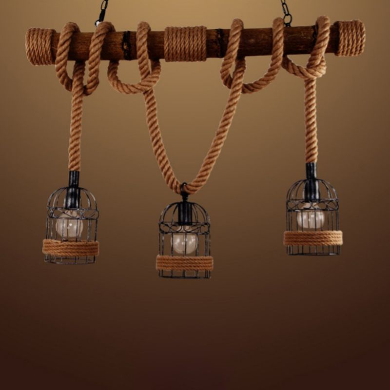 Rope Cage Shade Island Light Fixture Retro Style Restaurant Chandelier Light Fixture in Beige