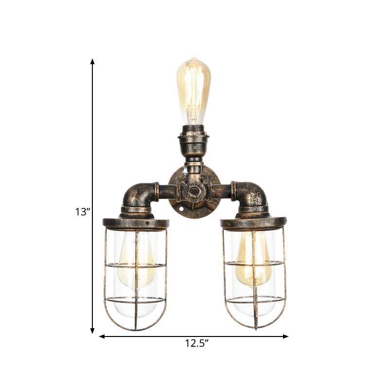 3 Heads Water Pipe Wall Mount Fixture with Cage Shade Nautical Style Antique Brass Iron Wall Lighting