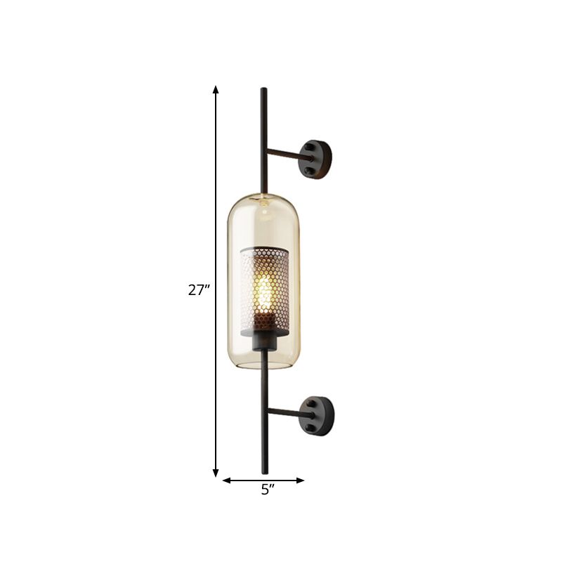 Cognac Glass Black Wall Lamp Oblong 1 Bulb Colonial Wall Mounted Light with Inner Column Mesh Screen, 5"/6" W