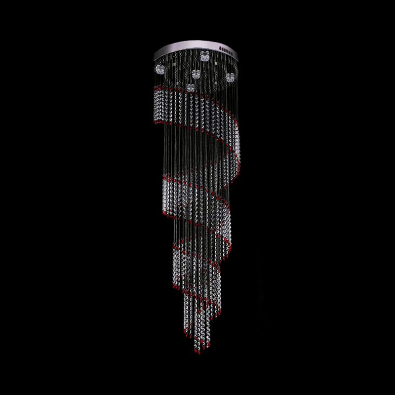 5 Bulbs Spiral Cascades Hanging Lamp Modernism Silver Clear and Red Crystal LED Multi Light Pendant