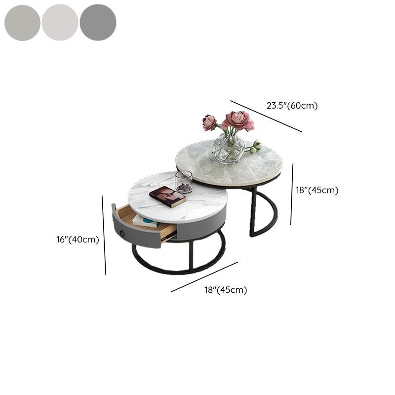Slate Round Frame Coffee Table Modern Nesting Coffee Table Set with Drawer