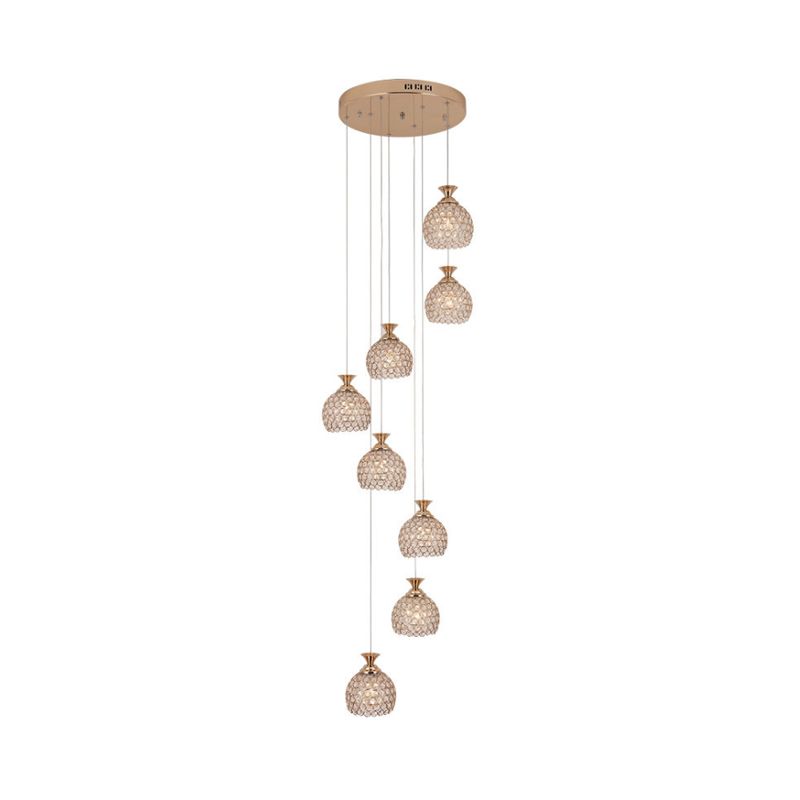 Gold 8-Light Hanging Lighting Contemporary Crystal Dome Shade Multi Lamp Pendant with Spiral Design