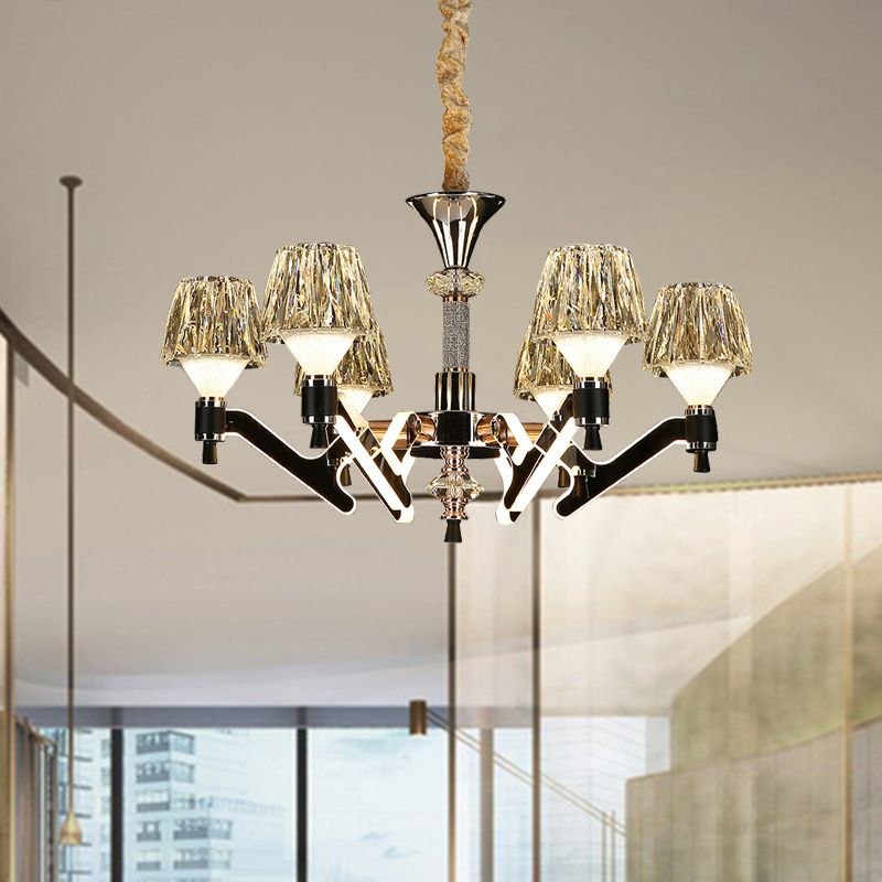 Cone Hanging Chandelier Modern Crystal 6 Lights Chrome Pendant Ceiling Light for Living Room