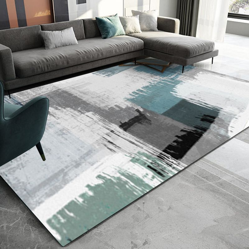 Blue and Grey Modern Rug Polyester Brushstroke Painting Print Rug Washable Non-Slip Backing Carpet for Living Room