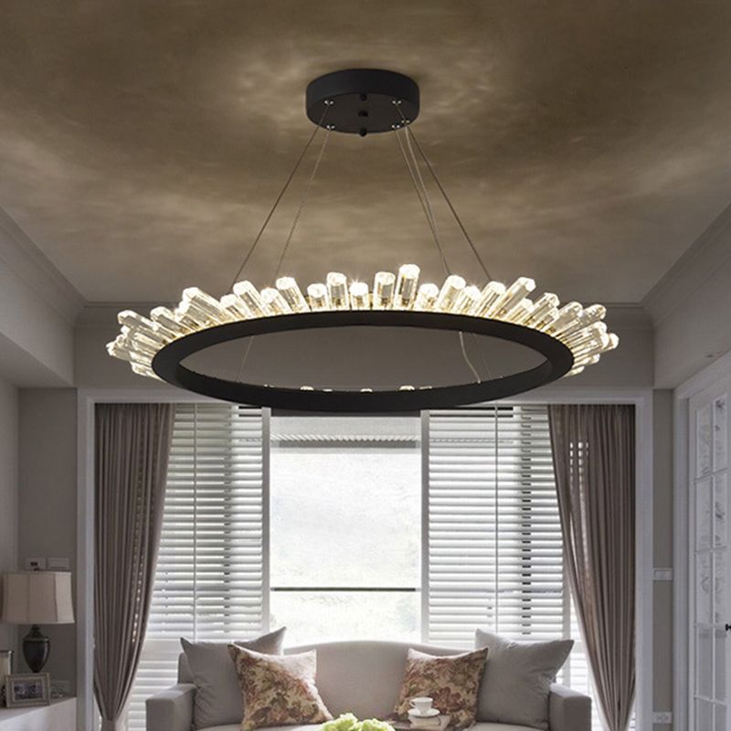 Black/Gold Ring Pendant Chandelier Modern Crystal Accent LED Pendant Light Fixture in White/Warm Light for Living Room, 19.5"/23.5" Wide