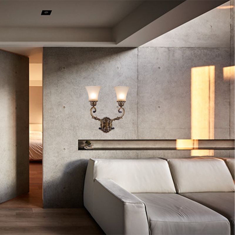 Metal Curvy Arm Wall Lighting Traditional 2 Lights Indoor Sconce Lamp in Brass with Bell White Glass Shade