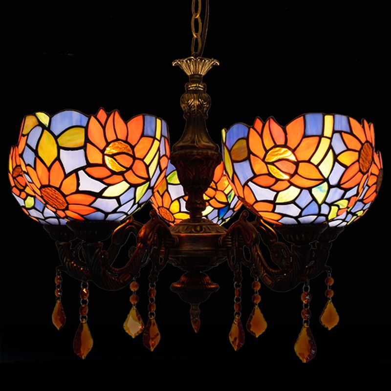 Lustre de style tiffany 5 lumières vitrail