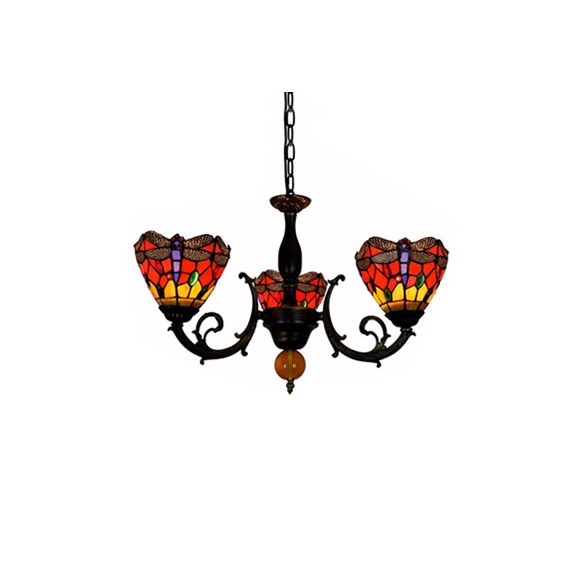 Red Conic Hanging Light Industrial Vintage Stained Glass 3 Lights Inverted Chandelier with Dragonfly Pattern