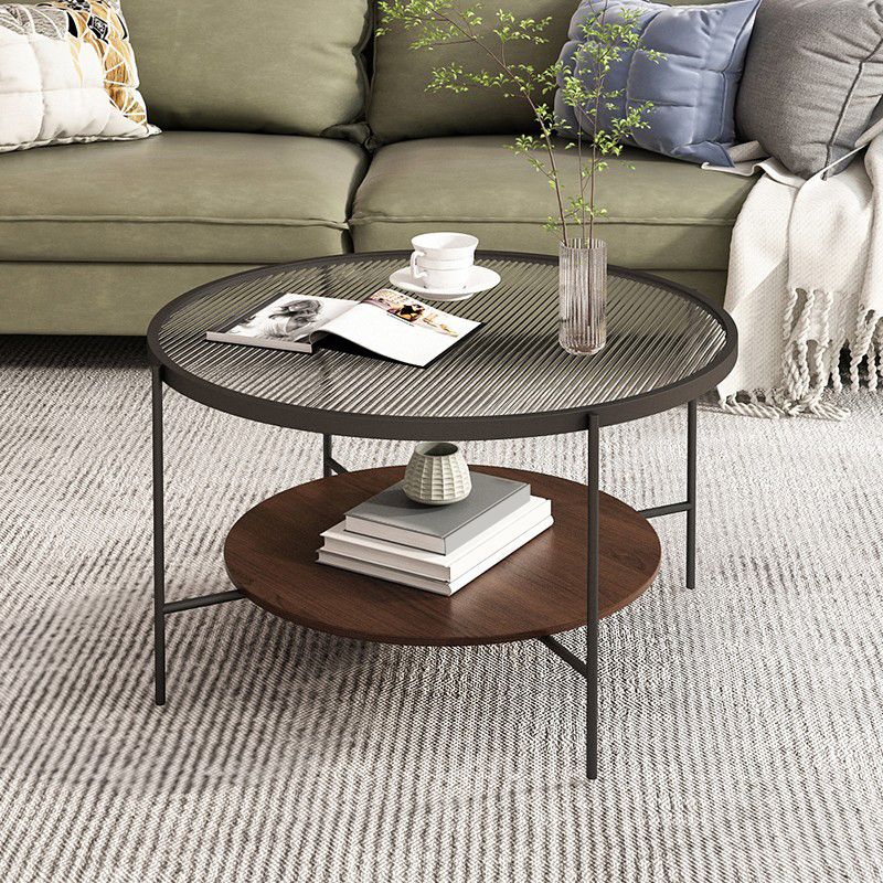 Contemporary 4 Legs Round Glass Top with Storage Shelf Single Coffee Table