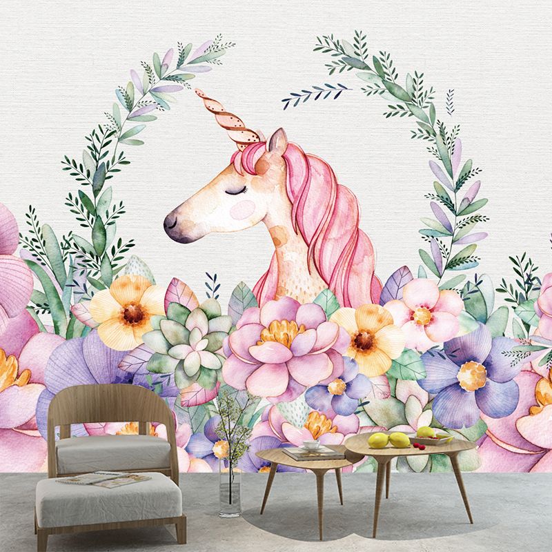 Flower Border Unicorn Head Murals Cartoon Smooth Texture Wall Decor in Pink-Green