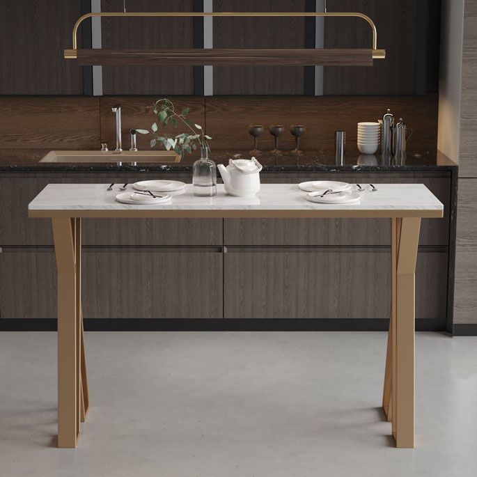 Glam Gold Double Pedestal Bar Dining Table Rectangle Stone Top Bar Height Table