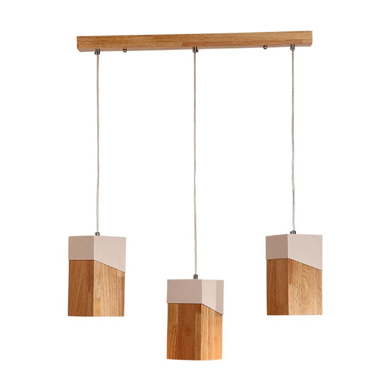 3-Head Study Room Multi Light Pendant Modern Beige and White Suspension Lamp with Cuboid Wood Shade