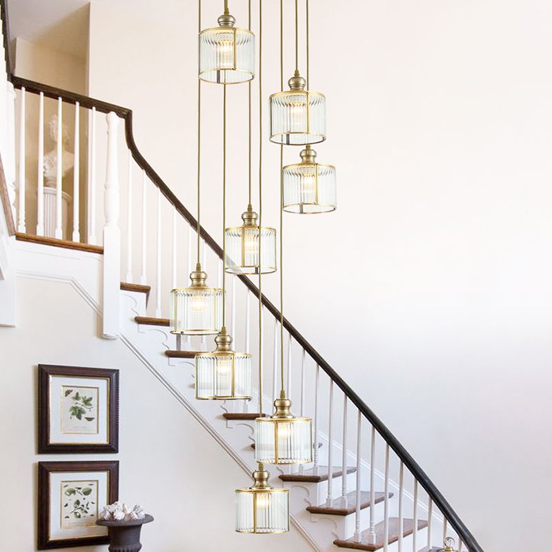 Brass Finish Cylinder Multiple Lamp Pendant Postmodern Ribbed Glass Hanging Light Fixture for Stairway