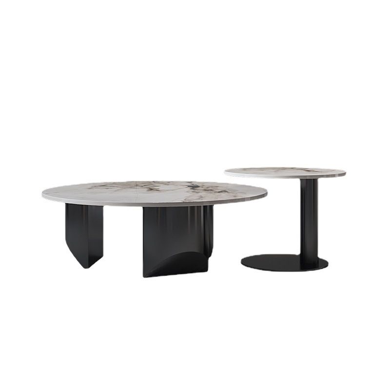 Contemporary Round Coffee or End Table Iron and Stone Coffee Table in Black and White